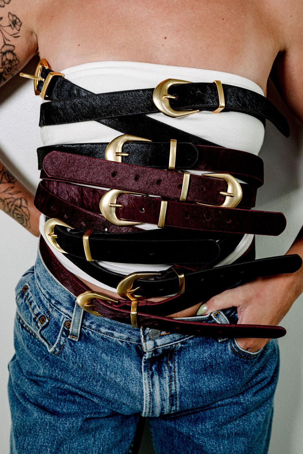 Calf Hair Belt with Gold Buckle:  Burgundy