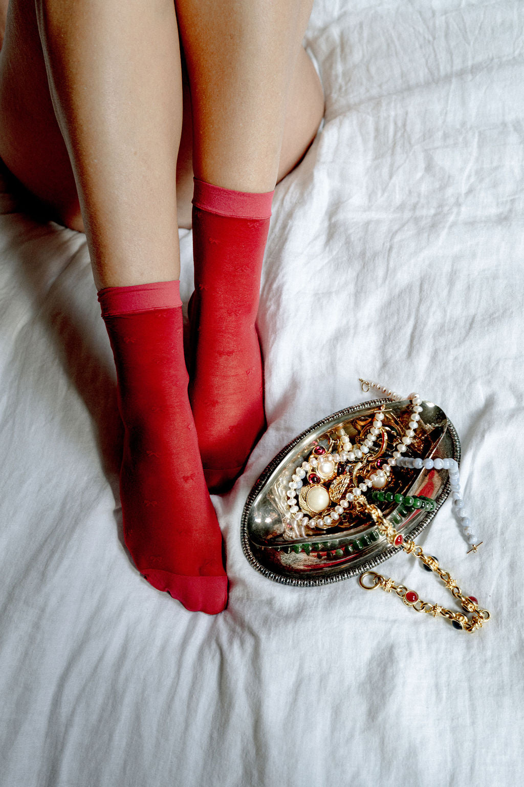 Micro Bow Sheer Socks:  Cherry