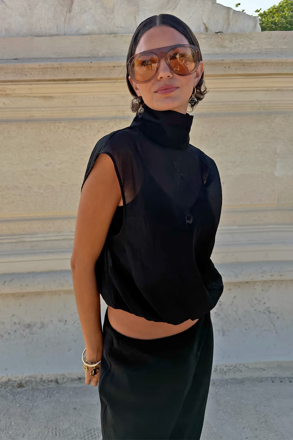 NEVER FULLY DRESSED Black Organza Funnel Neck Top