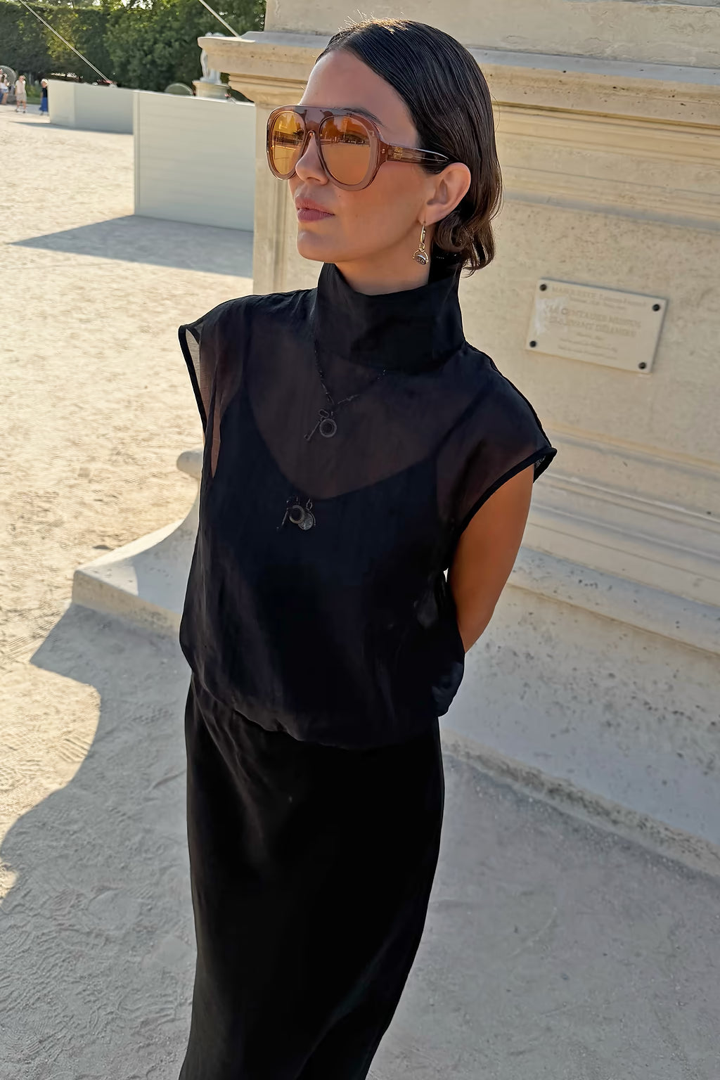 NEVER FULLY DRESSED Black Organza Funnel Neck Top