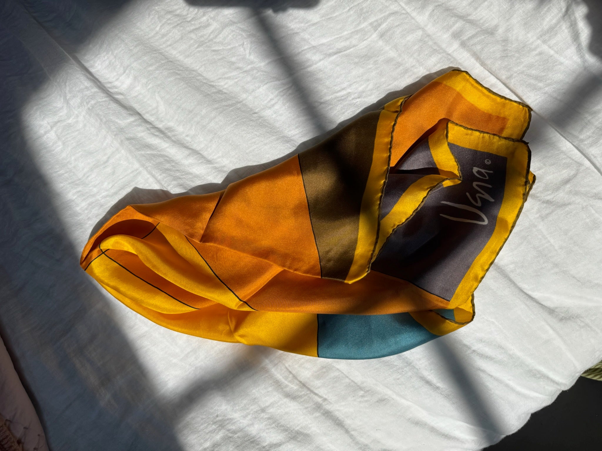 Vintage Scarf:  Camel & Blue Geometric
