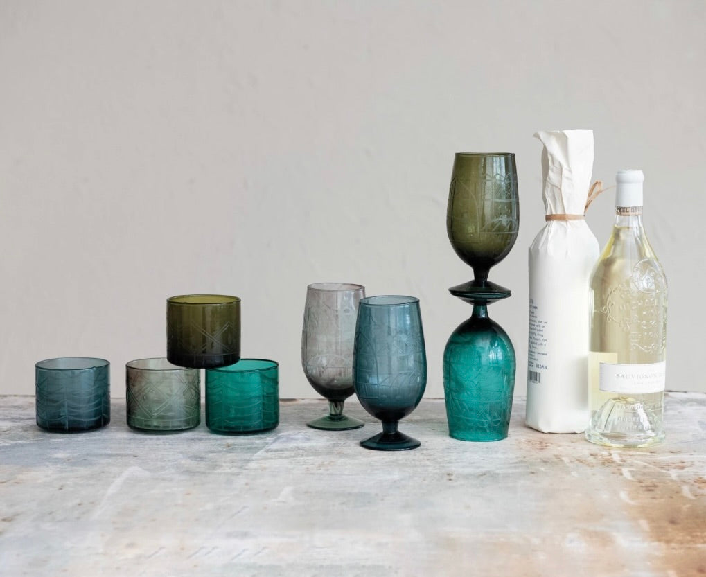 Hand-Blown Etched Drinking Glass