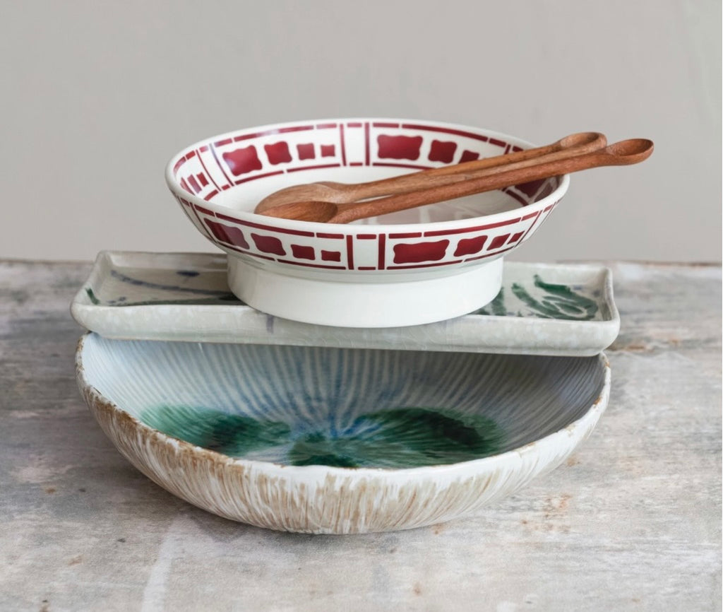 Hand-Painted Stoneware Footed Bowl