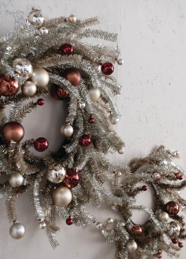 Large Tinsel wreath with ornaments