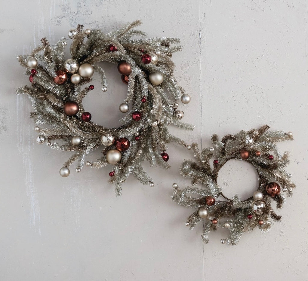Large Tinsel wreath with ornaments