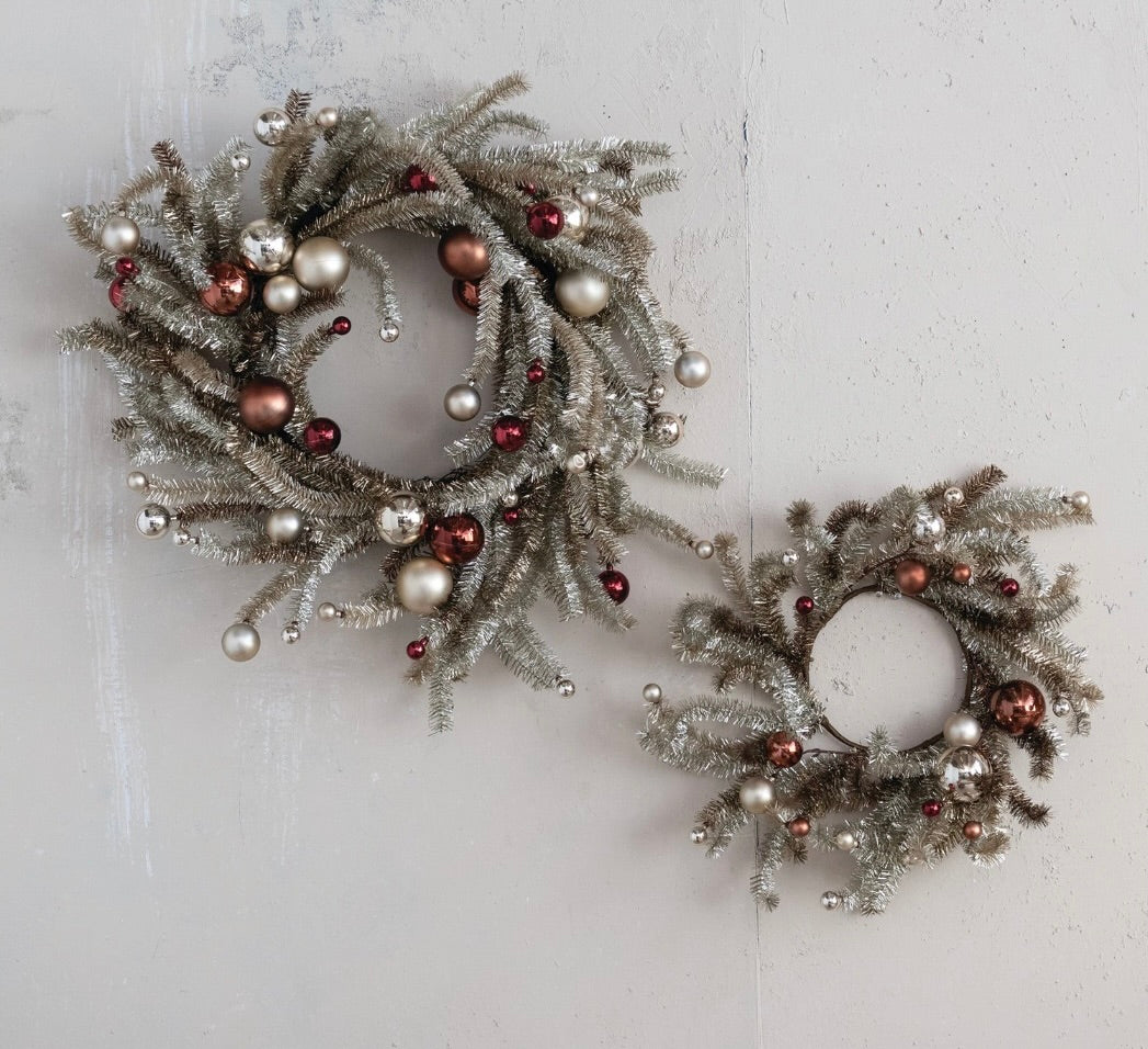 Large Tinsel wreath with ornaments