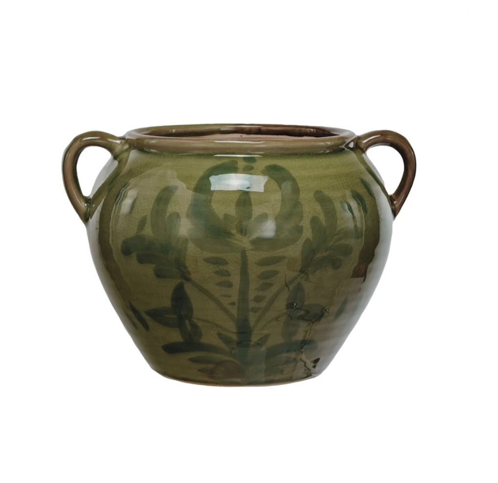 Green Hand-Painted Terra-cotta Urn