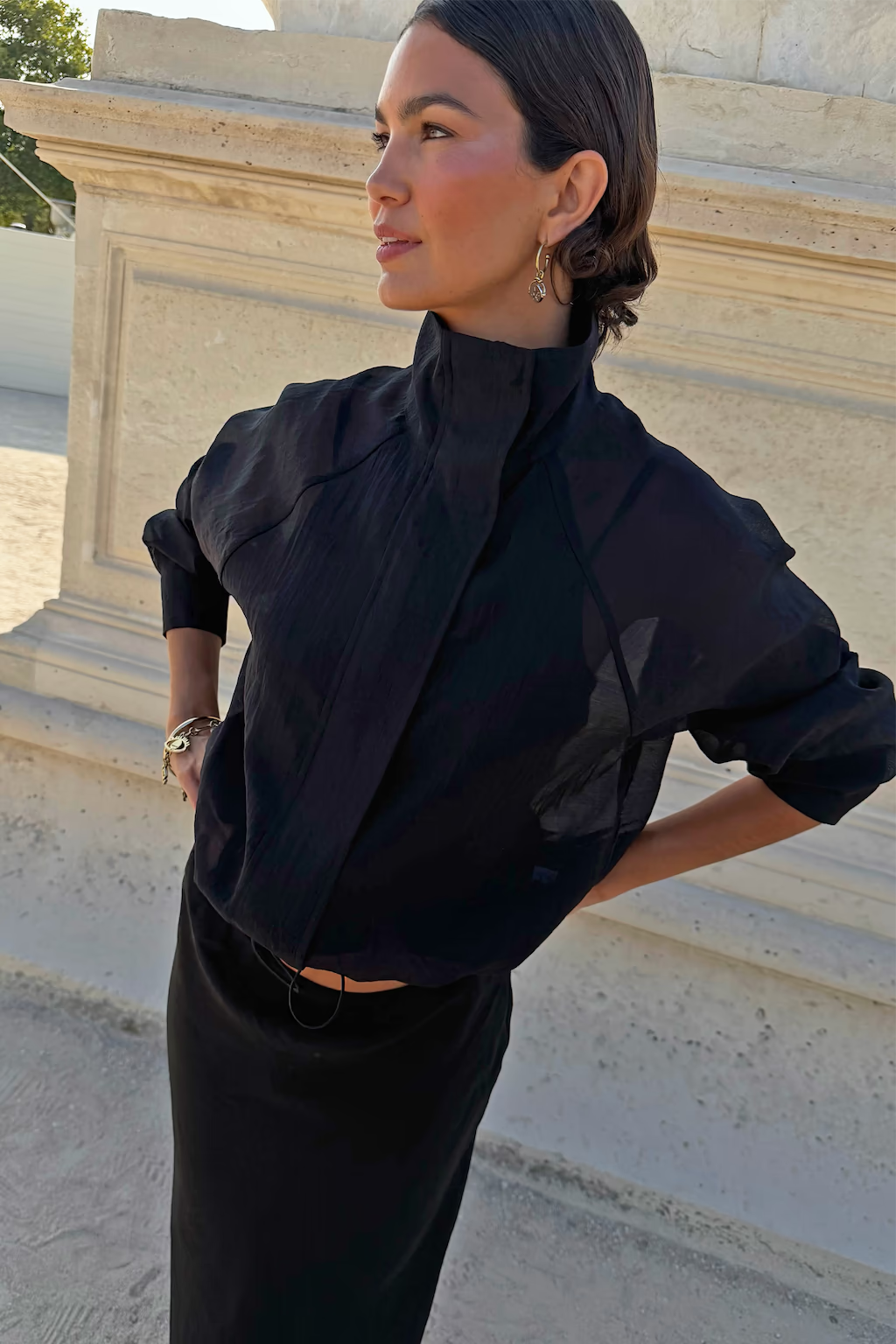 NEVER FULLY DRESSED Black Organza Funnel Neck Jacket
