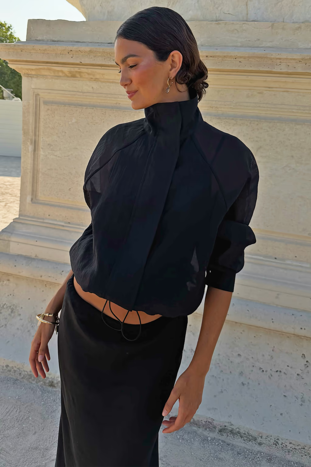 NEVER FULLY DRESSED Black Organza Funnel Neck Jacket