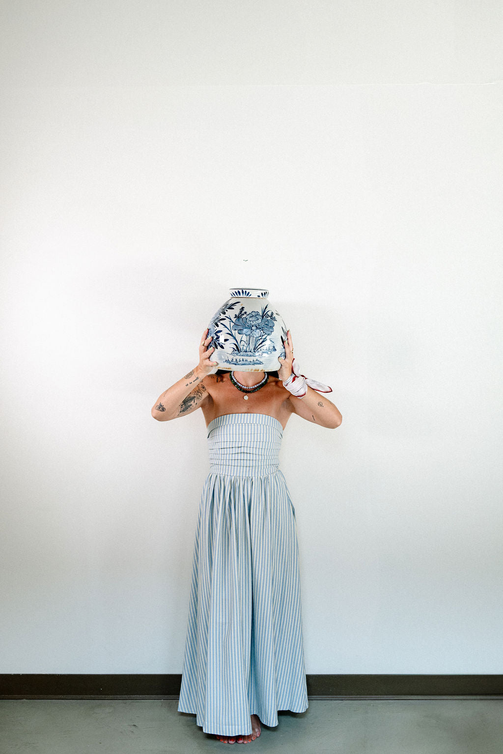 Strapless Striped Midi Dress: Dusty Blue