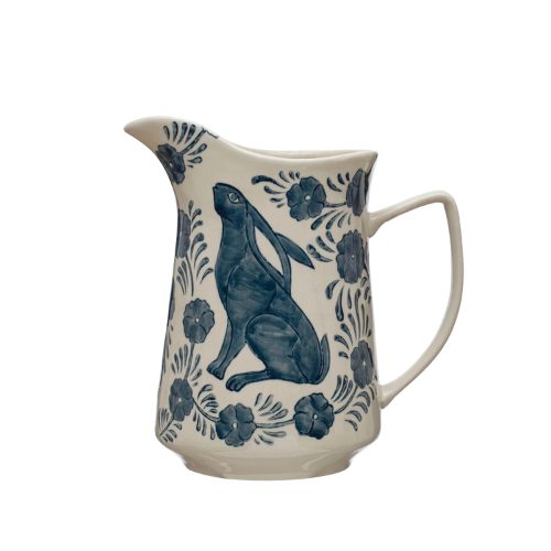 Hand-Painted Rabbit Stoneware Pitcher