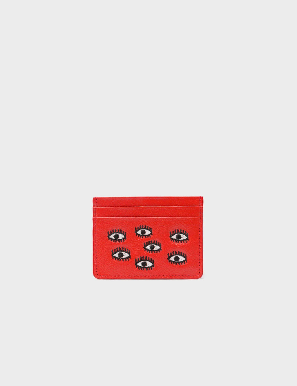 Filium Poppy Red Leather Cardholder - All Over Eyes Embroidery