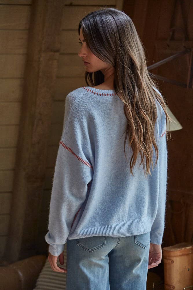 Knit Sweater With Contrast Stitches:  Light Blue