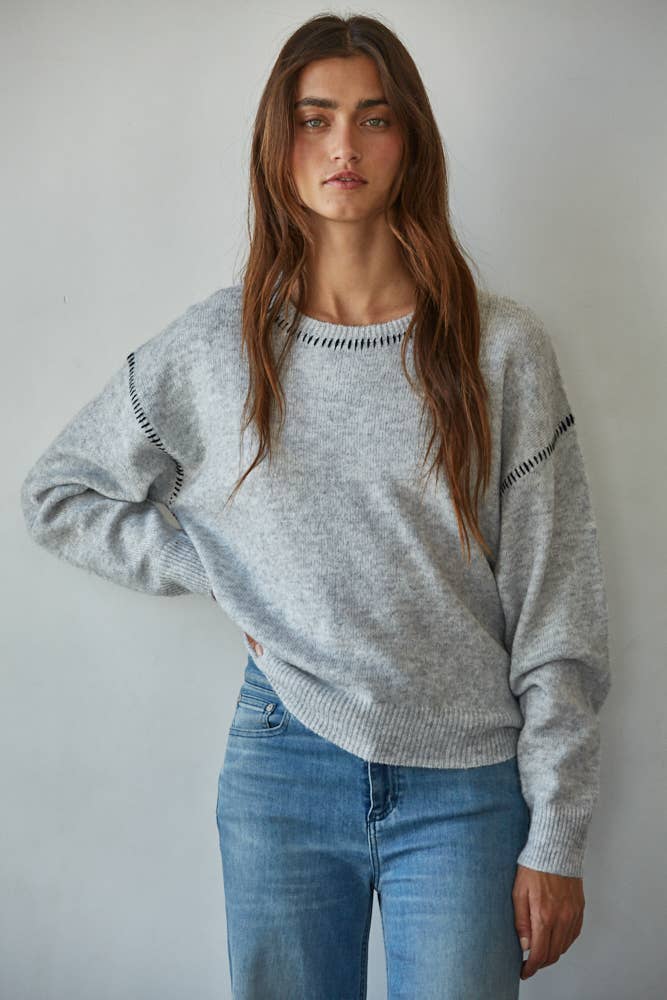 Knit Sweater With Contrast Stitches:  Light Blue