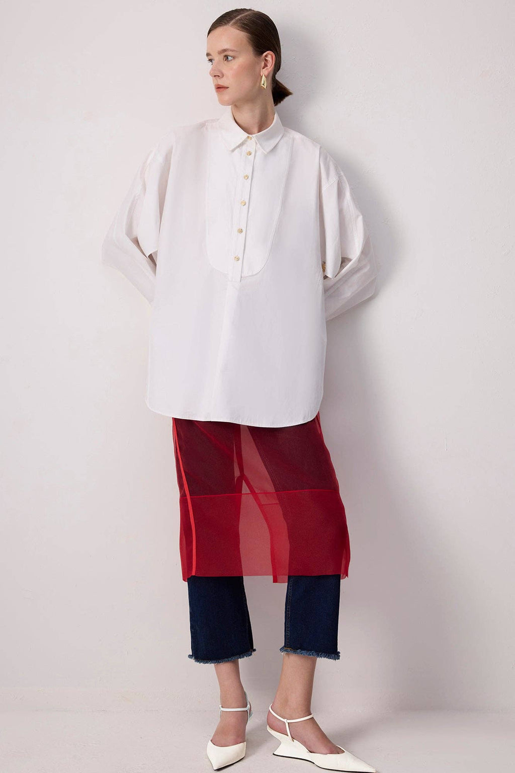 Sheer Organza Overlay Skirt:  Red