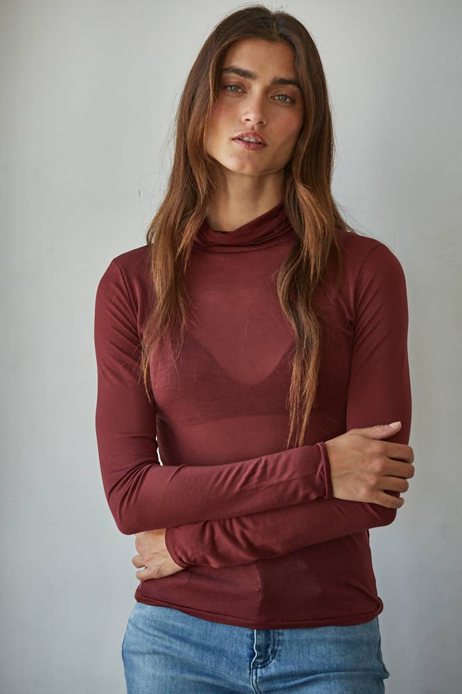 Sheer Lightweight Turtleneck: Burgundy