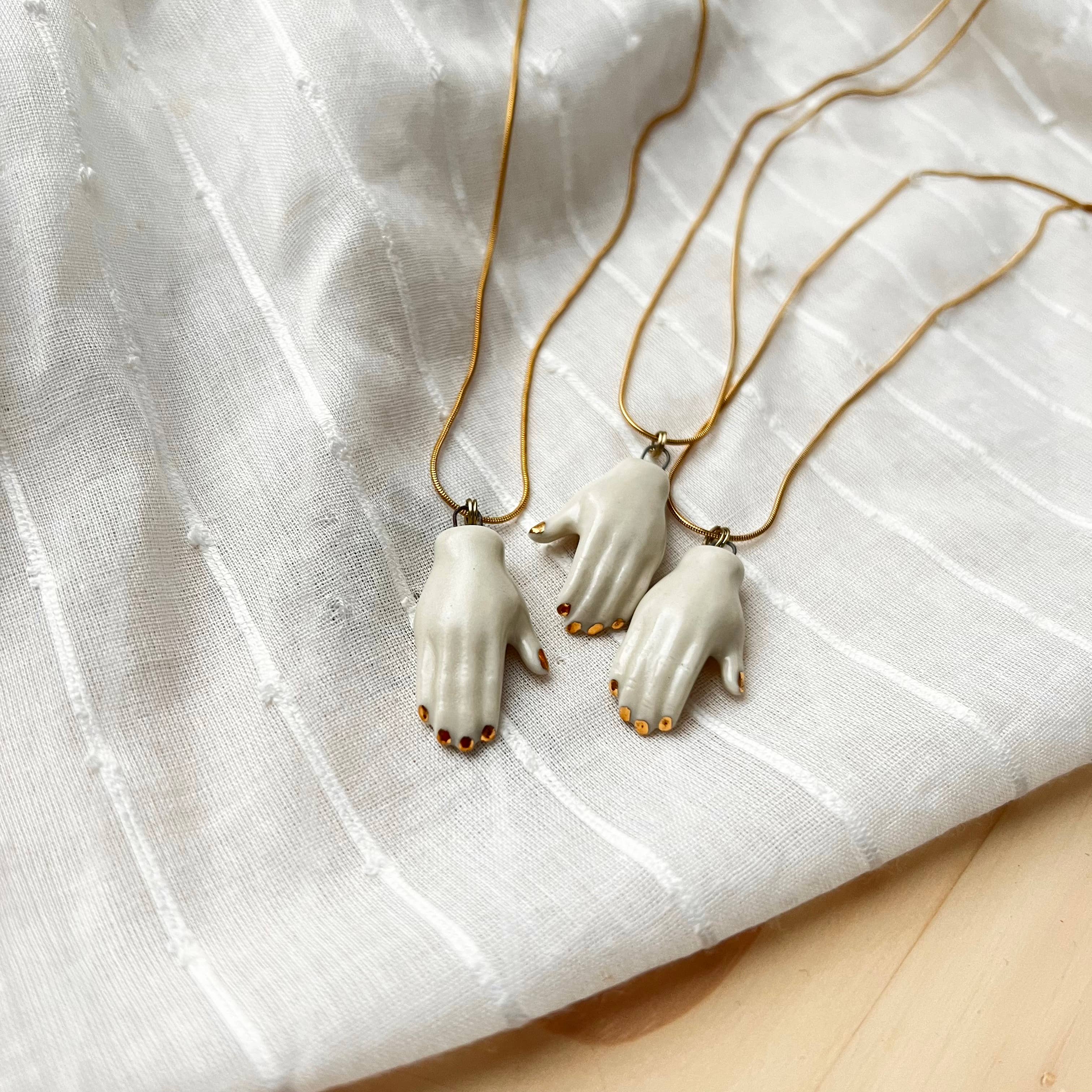 Ceramic White and Gold Hand Pendant Necklace