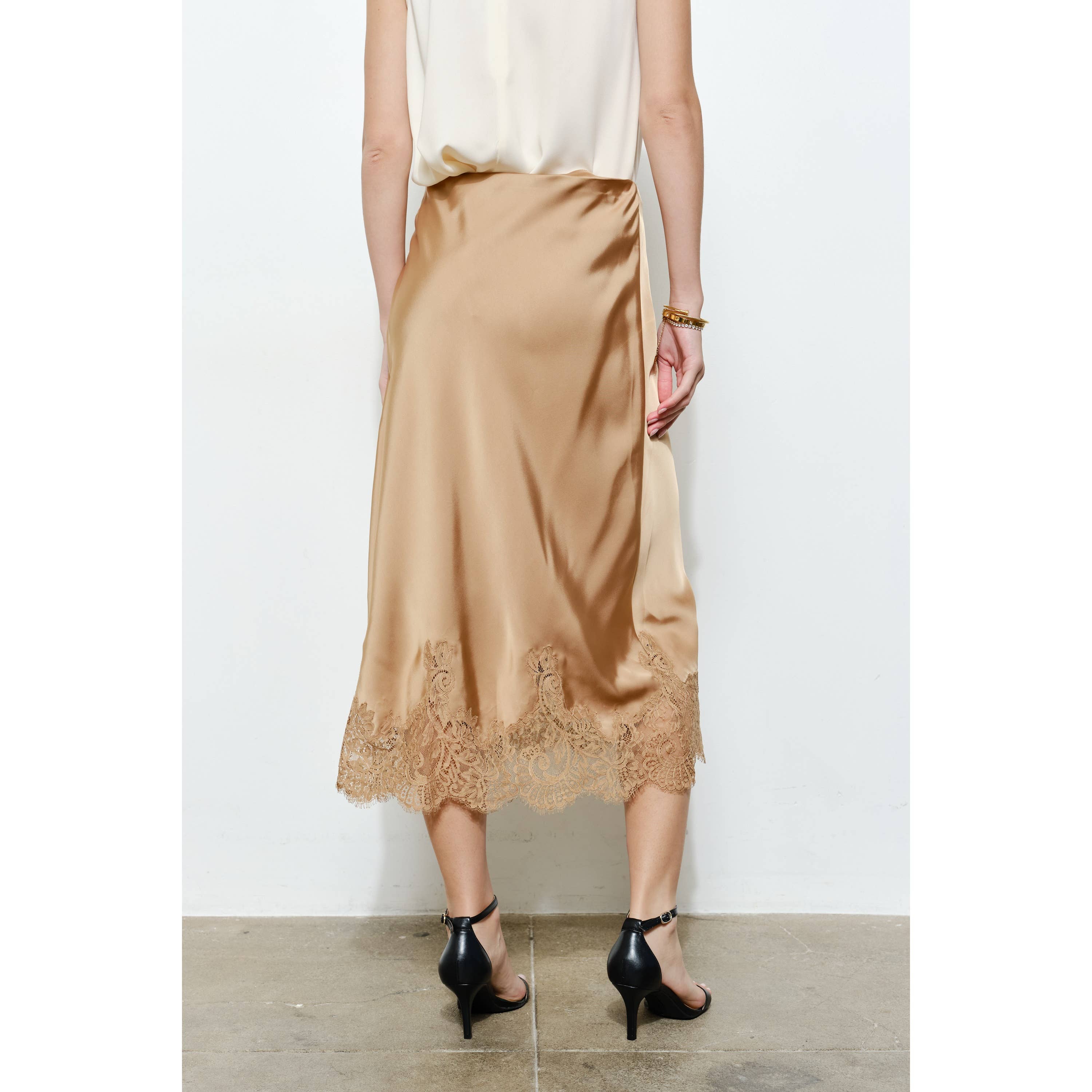 Classic Silky with Lace Hem H-Line Midi Skirt