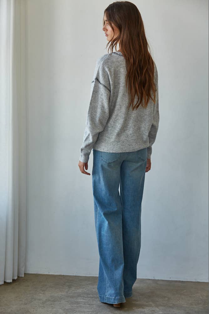 Knit Sweater With Contrast Stitches:  Light Blue