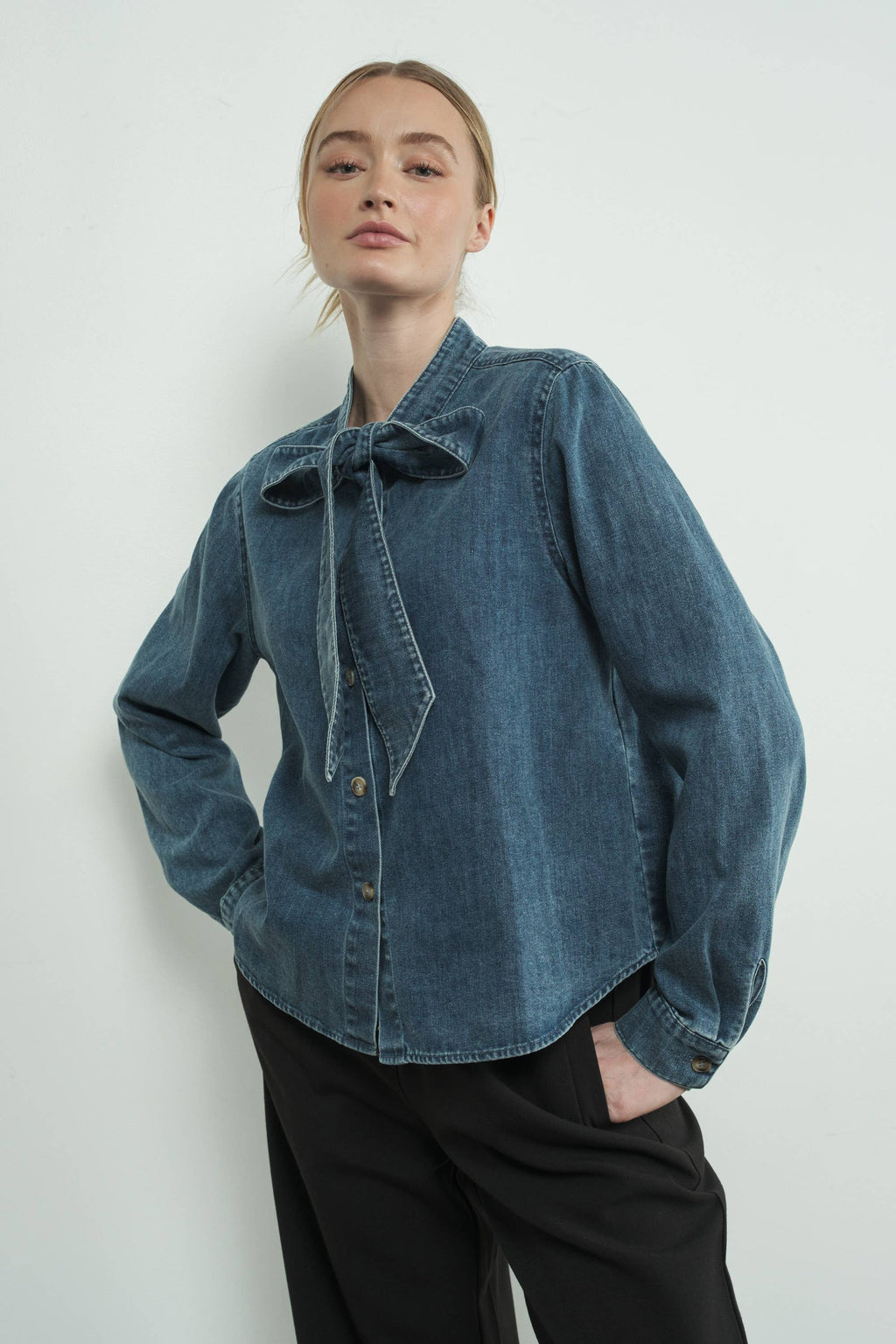 DENIM BOW TIE BLOUSE: MEDIUM WASH