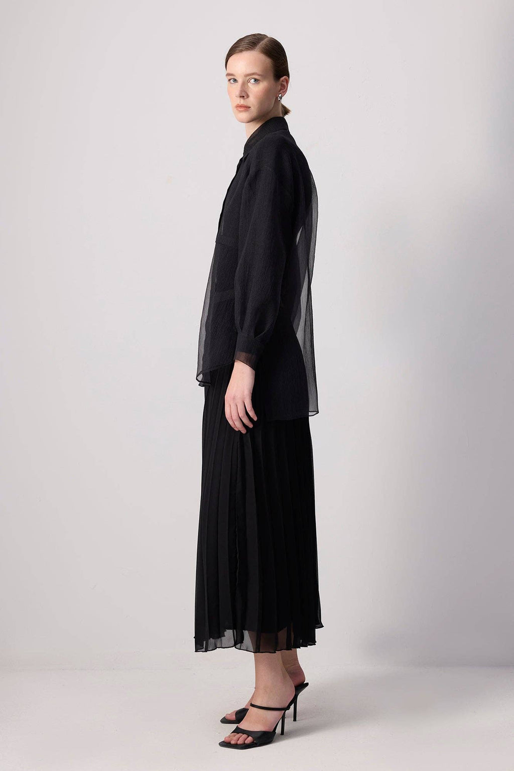 SHEER BUTTON-UP ORGANZA SHIRT:  BLACK