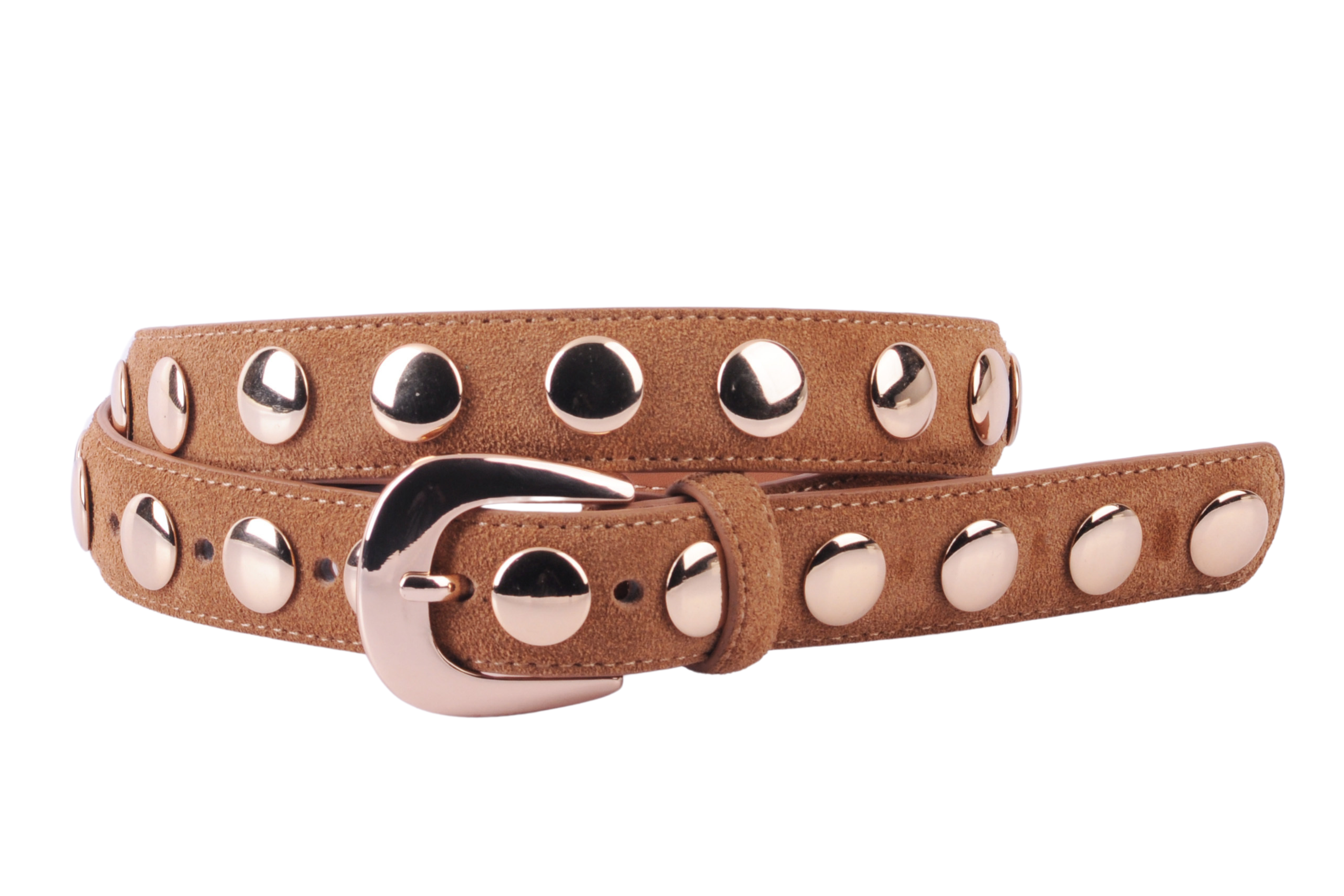Camel suede belt with studs