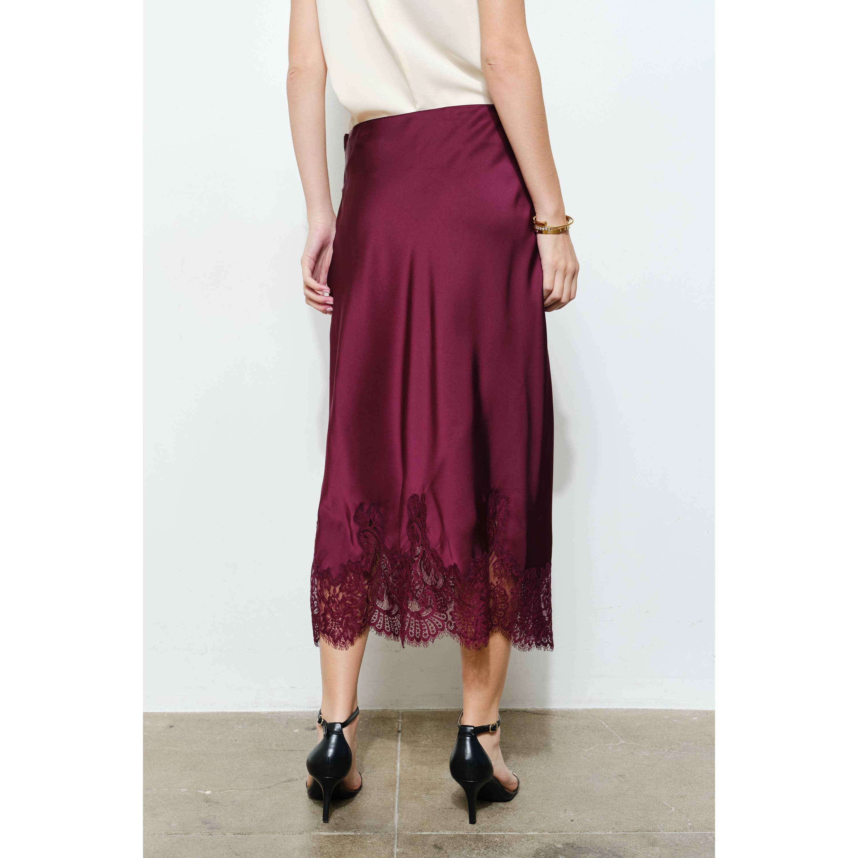 Classic Silky with Lace Hem H-Line Midi Skirt