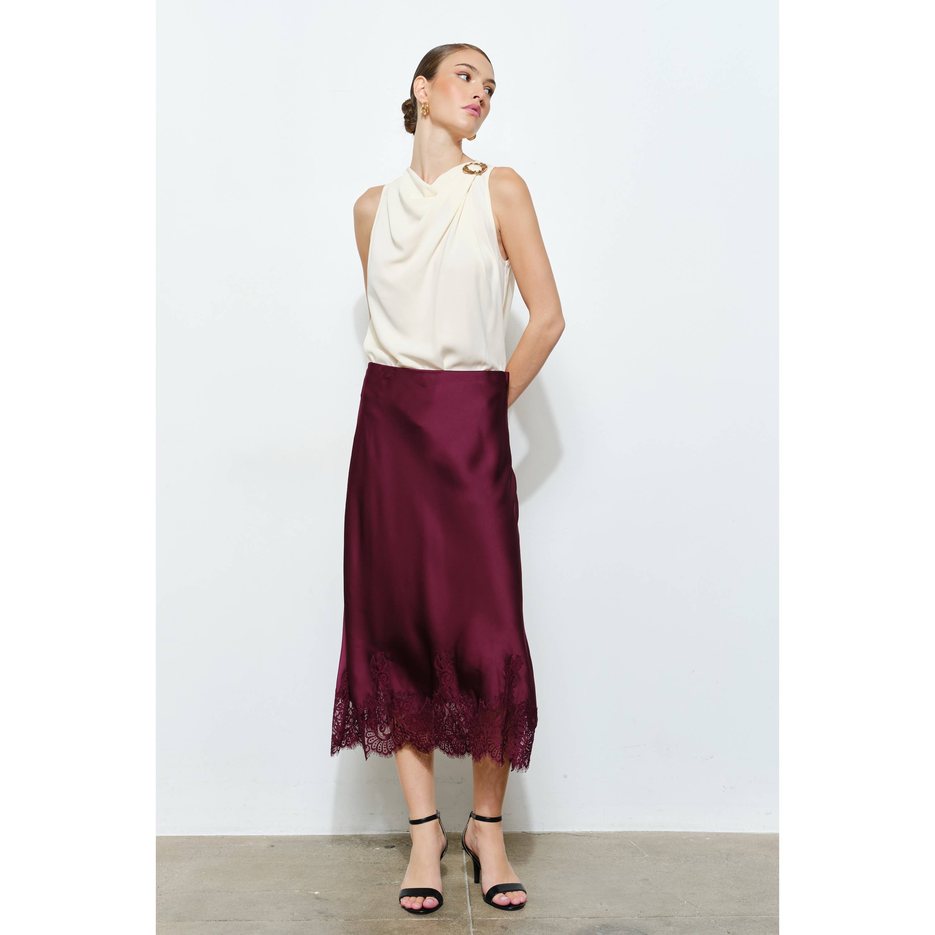 Classic Silky with Lace Hem H-Line Midi Skirt