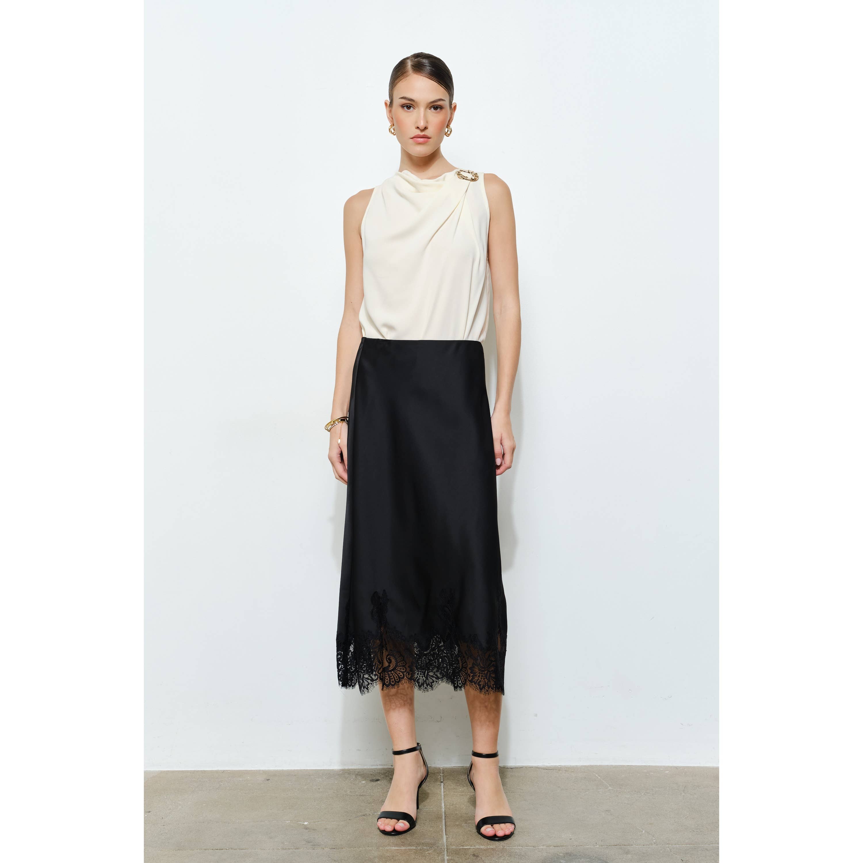 Classic Silky with Lace Hem H-Line Midi Skirt