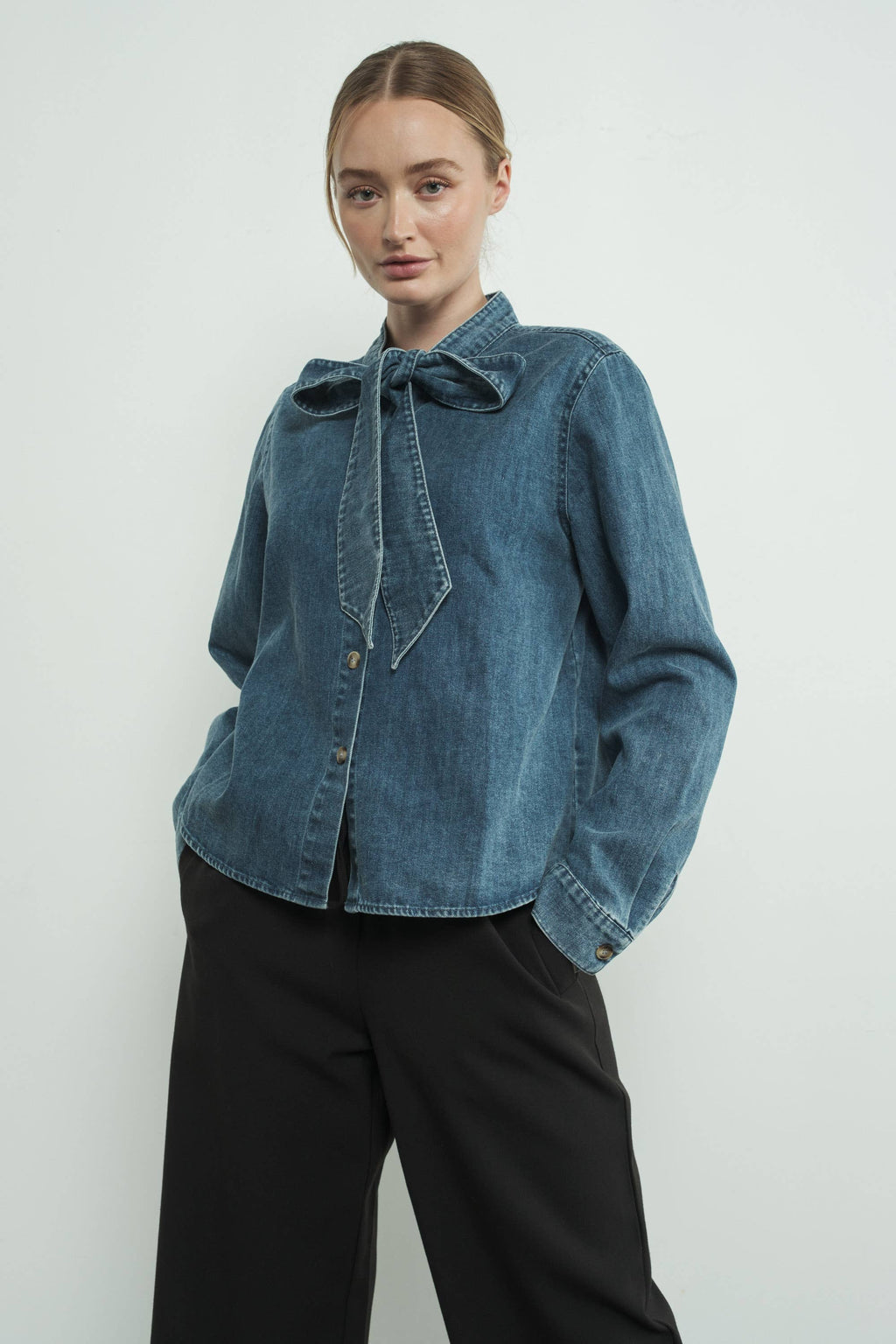 DENIM BOW TIE BLOUSE: MEDIUM WASH