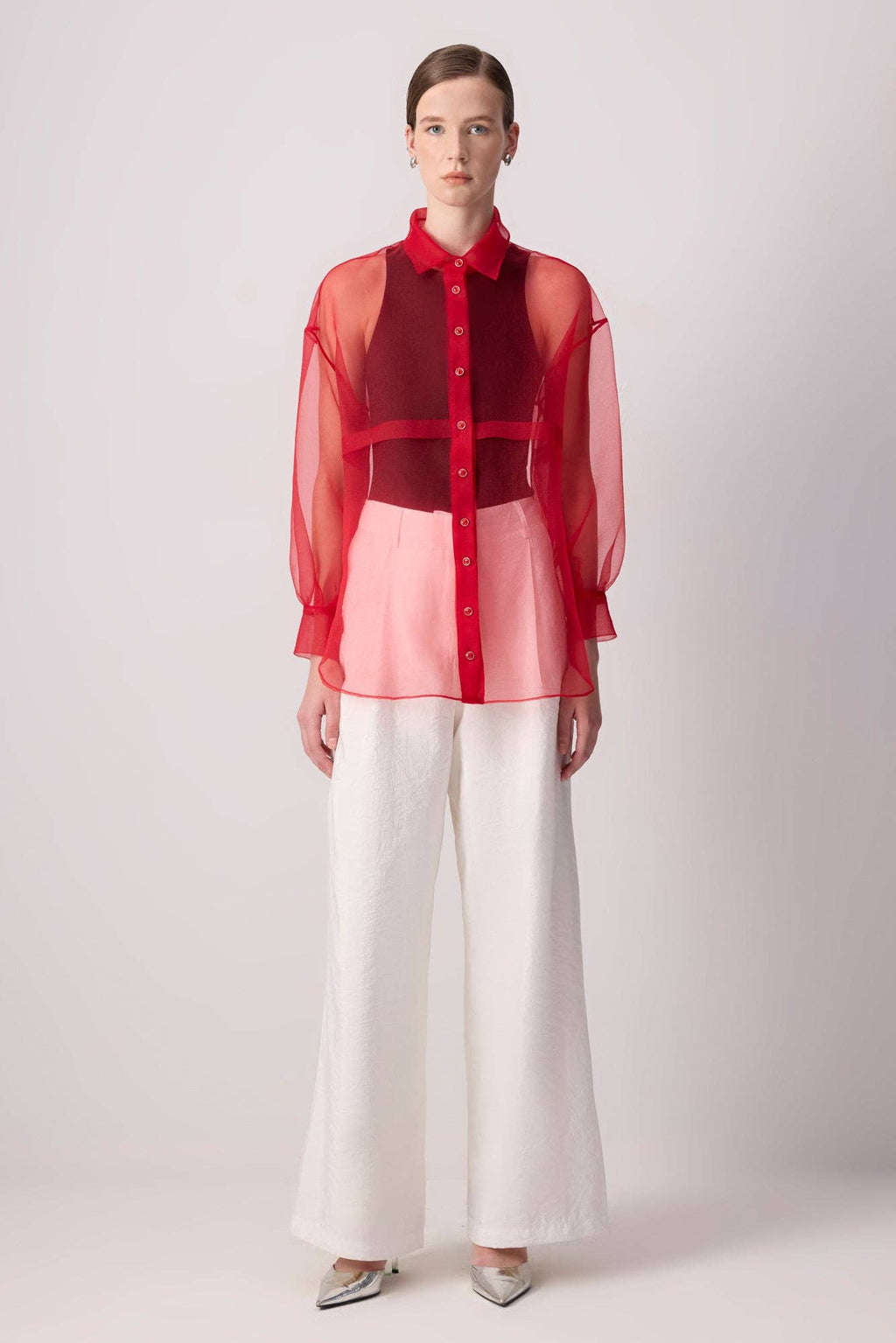 SHEER BUTTON-UP ORGANZA SHIRT: Red