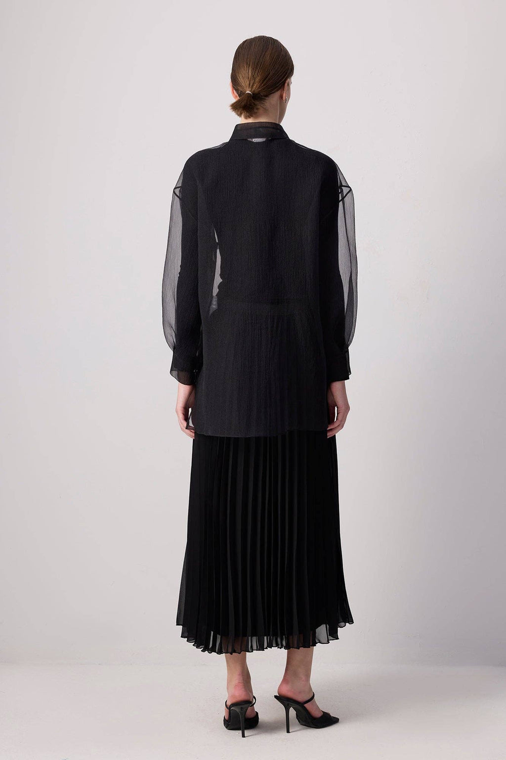 SHEER BUTTON-UP ORGANZA SHIRT:  BLACK