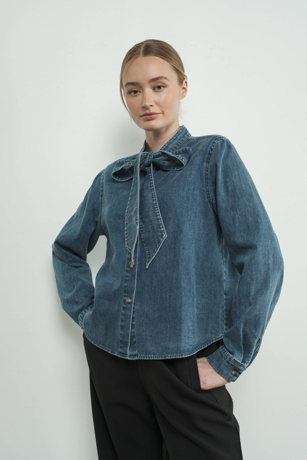 DENIM BOW TIE BLOUSE: MEDIUM WASH
