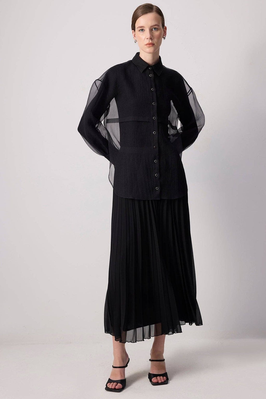 SHEER BUTTON-UP ORGANZA SHIRT:  BLACK