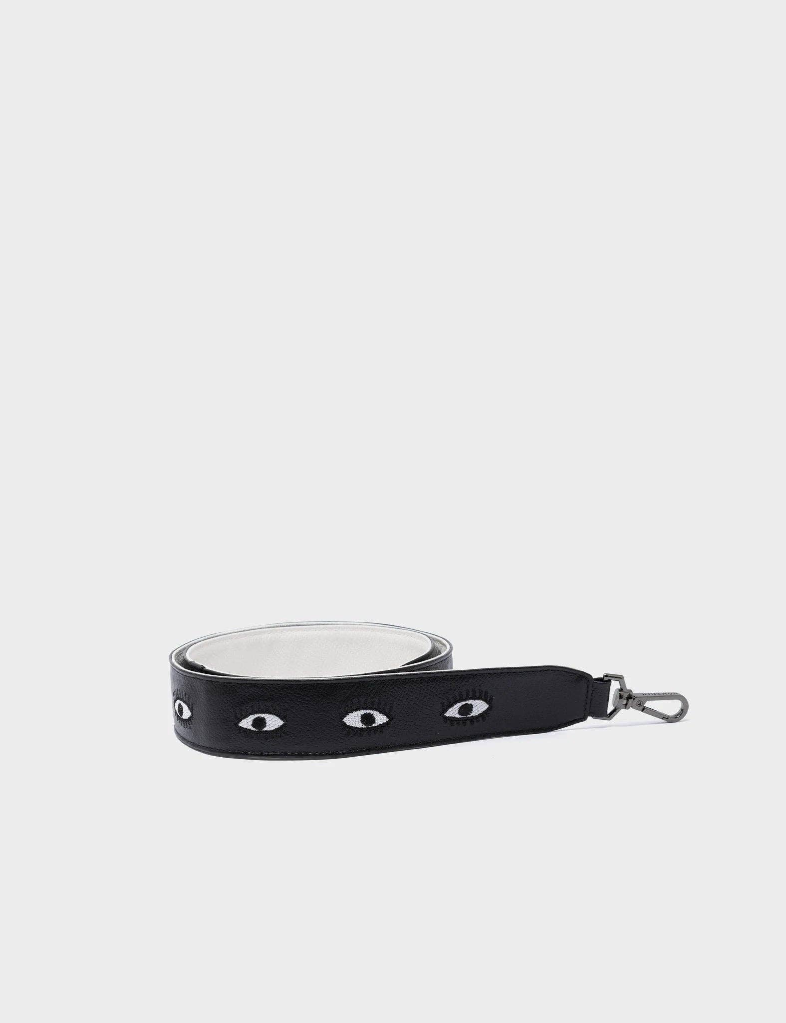 Embroidered Eyes Leather Shoulder Strap:  Black