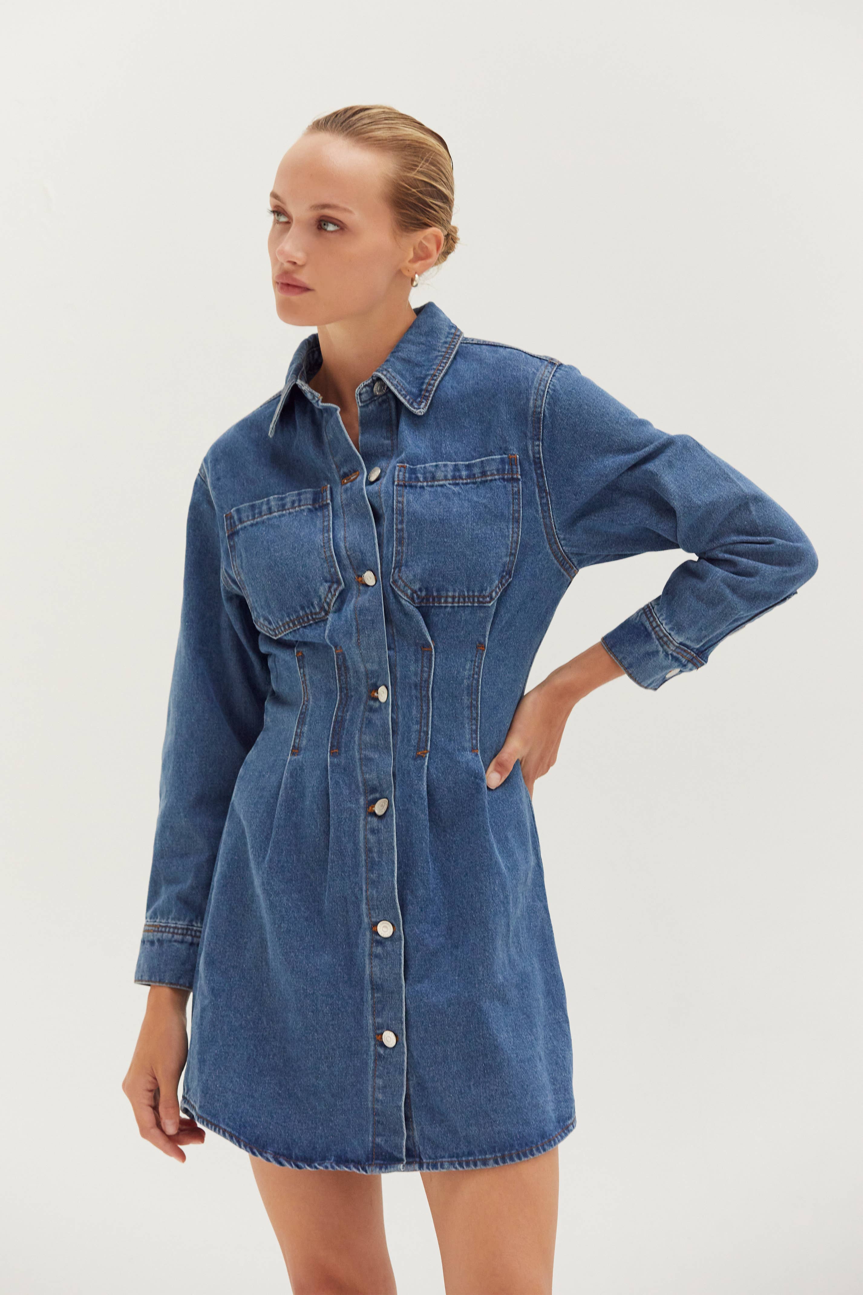 Denim Mini Dress with Corset Waist Detail