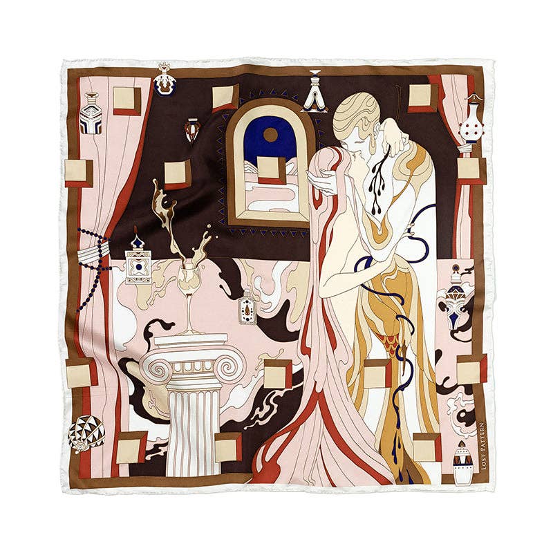 "The Kiss" Bandana Silk Scarf: Pink & Brown