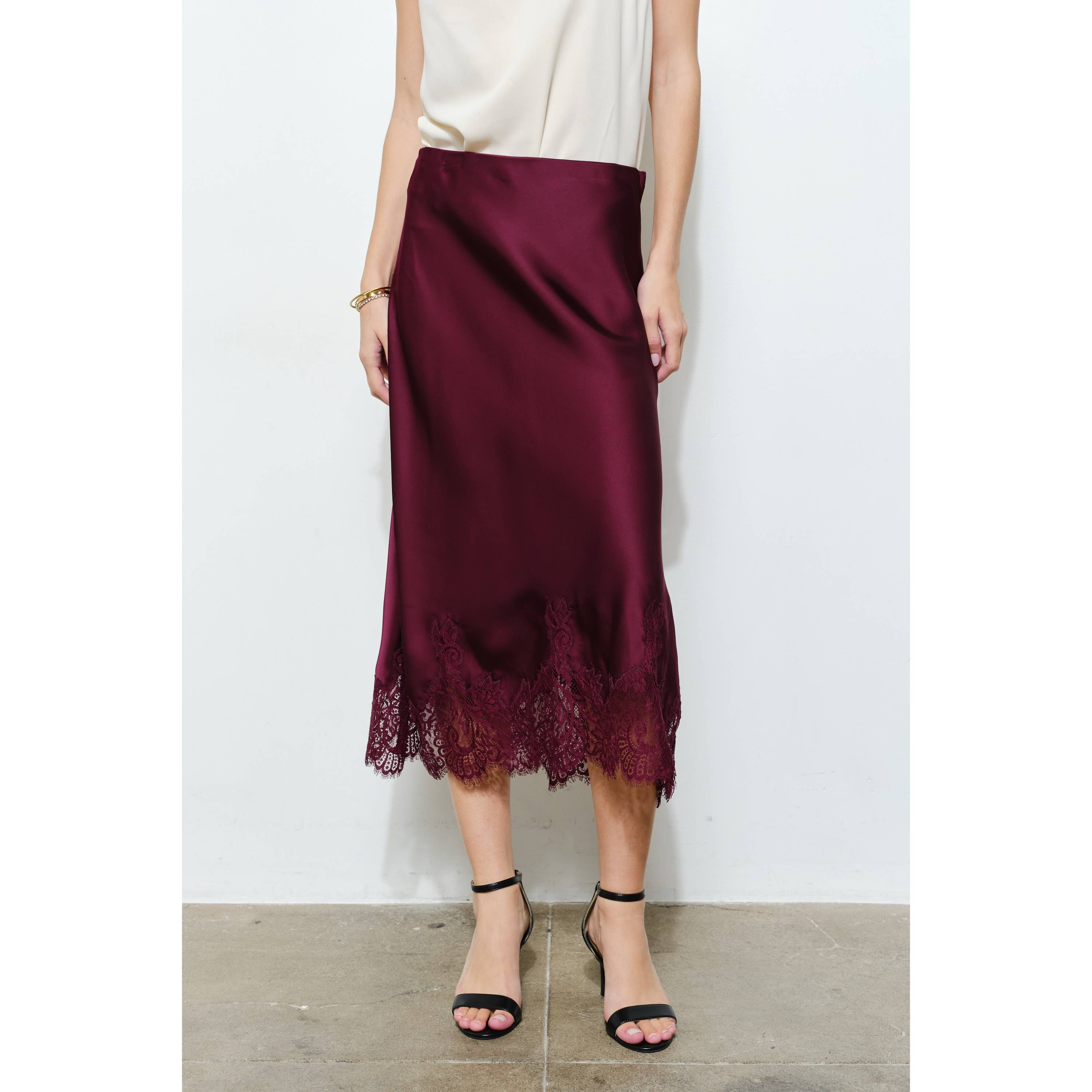 Classic Silky with Lace Hem H-Line Midi Skirt
