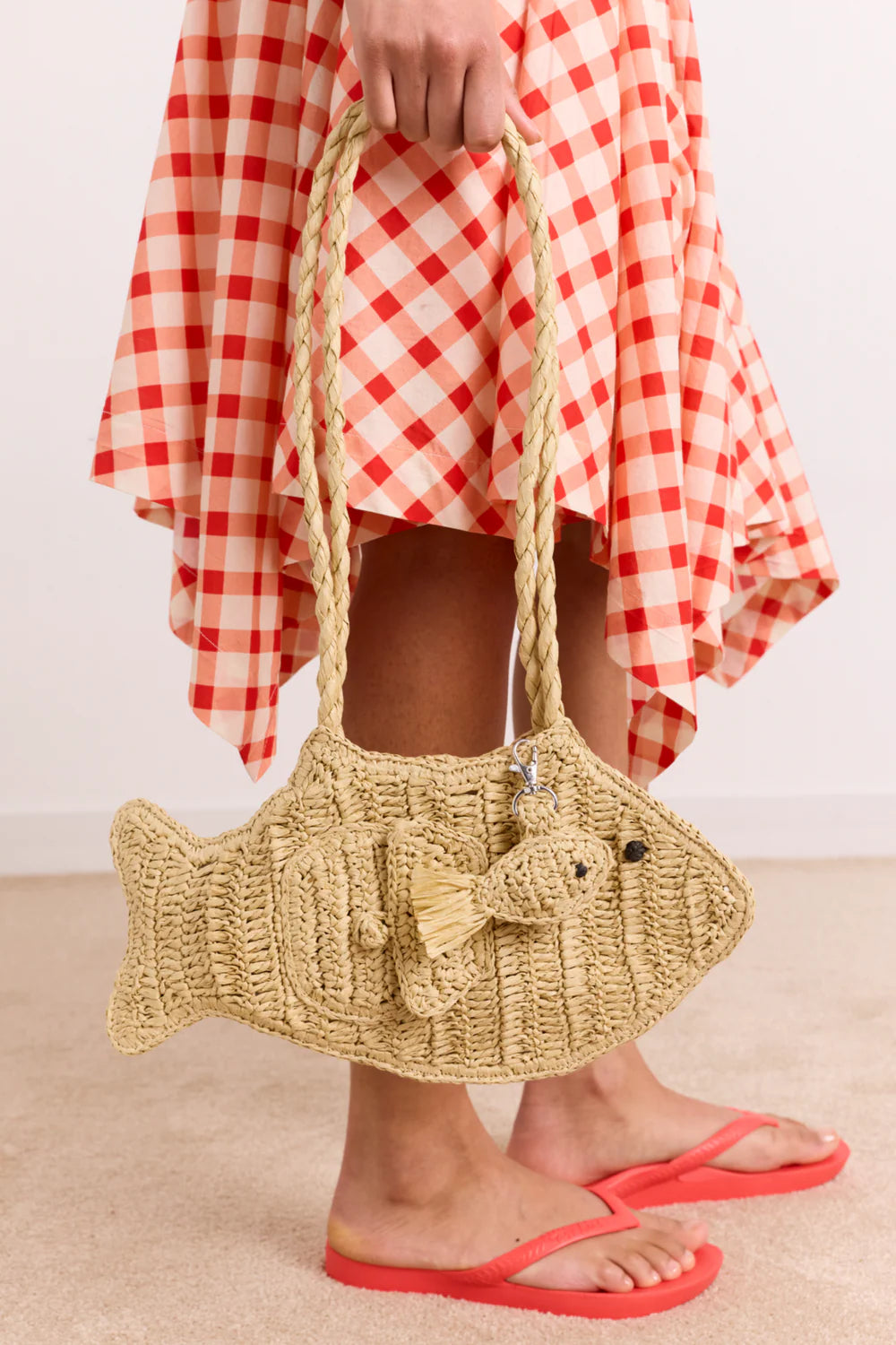 Damson Madder raffia fish bag with bag charm