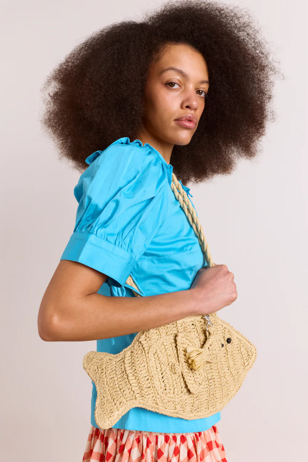 Damson Madder raffia fish bag with bag charm