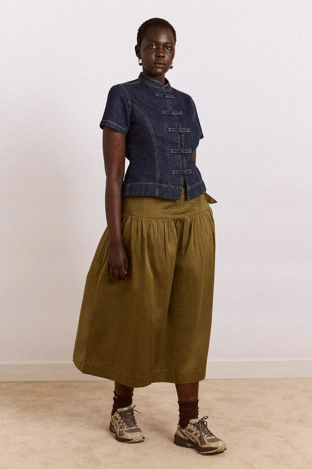 DAMSON MADDER JOSIE MIDI SKIRT IN OLIVE