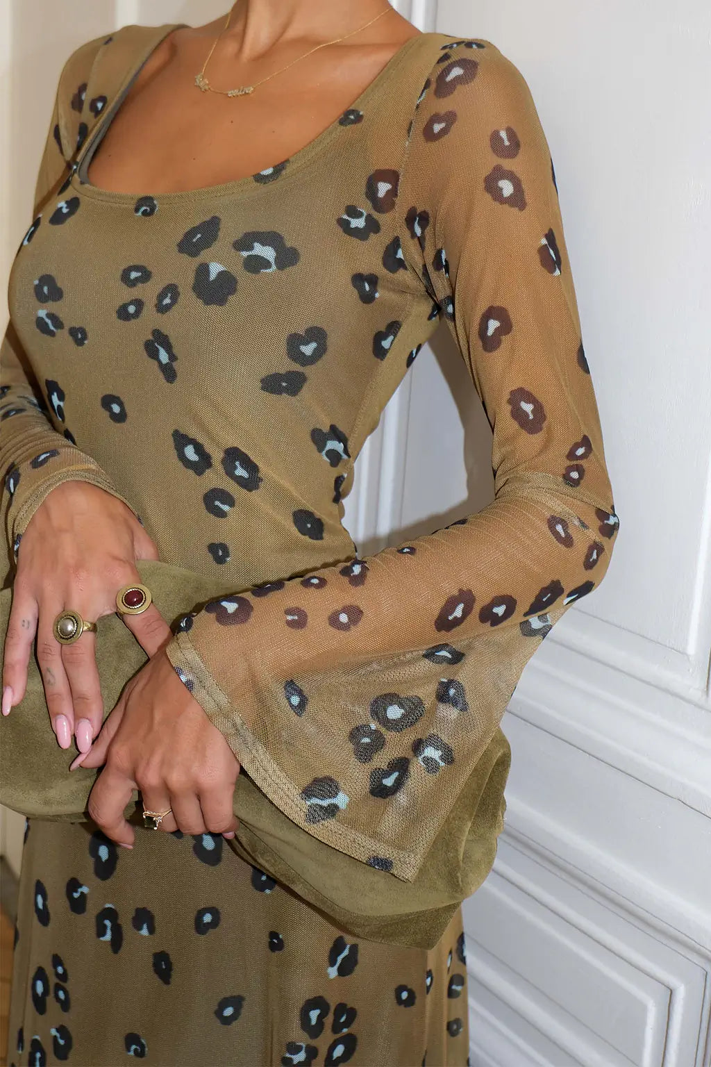 NEVER FULLY DRESSED Olive Blurred Leopard Scoop Neck Mesh Dress