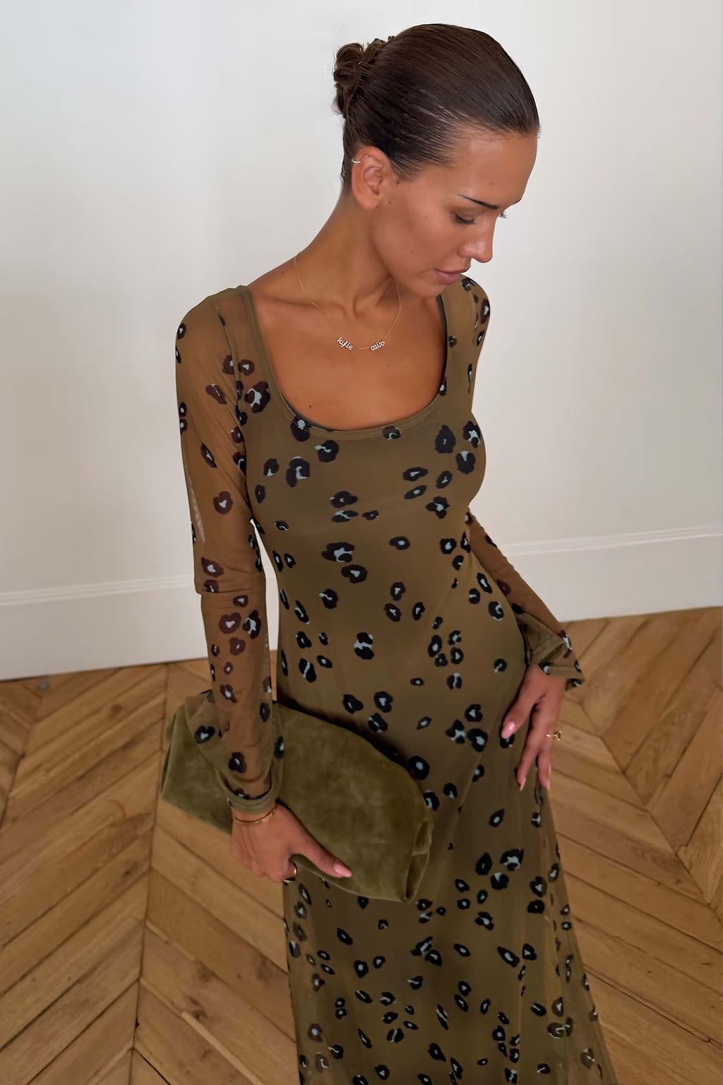 NEVER FULLY DRESSED Olive Blurred Leopard Scoop Neck Mesh Dress