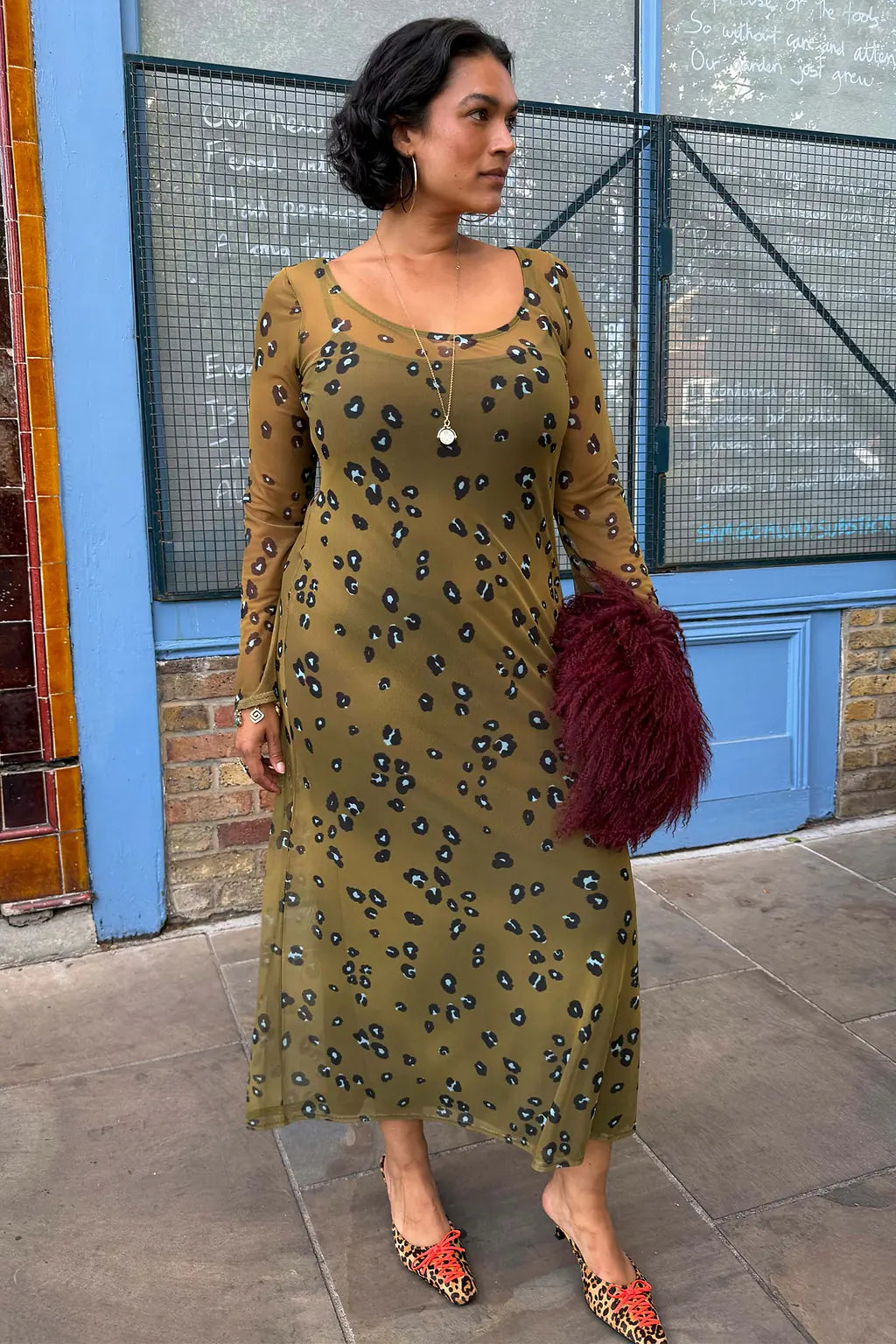 NEVER FULLY DRESSED Olive Blurred Leopard Scoop Neck Mesh Dress
