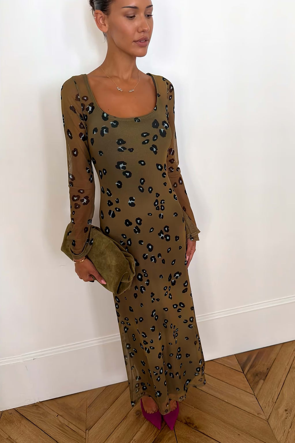 NEVER FULLY DRESSED Olive Blurred Leopard Scoop Neck Mesh Dress