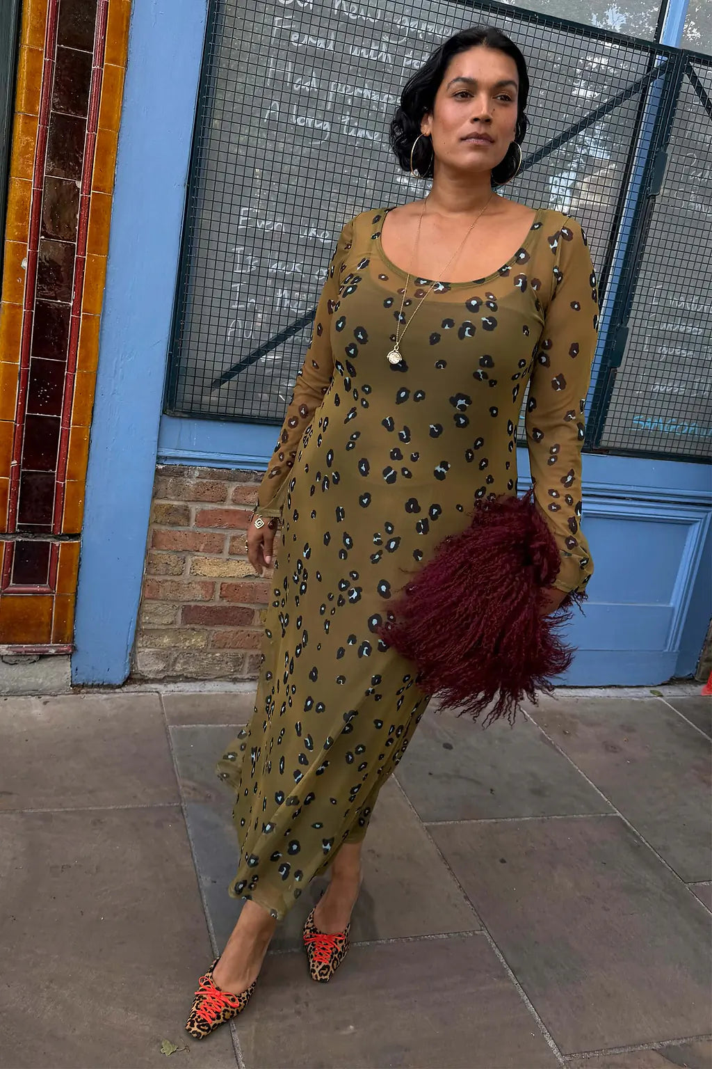 NEVER FULLY DRESSED Olive Blurred Leopard Scoop Neck Mesh Dress