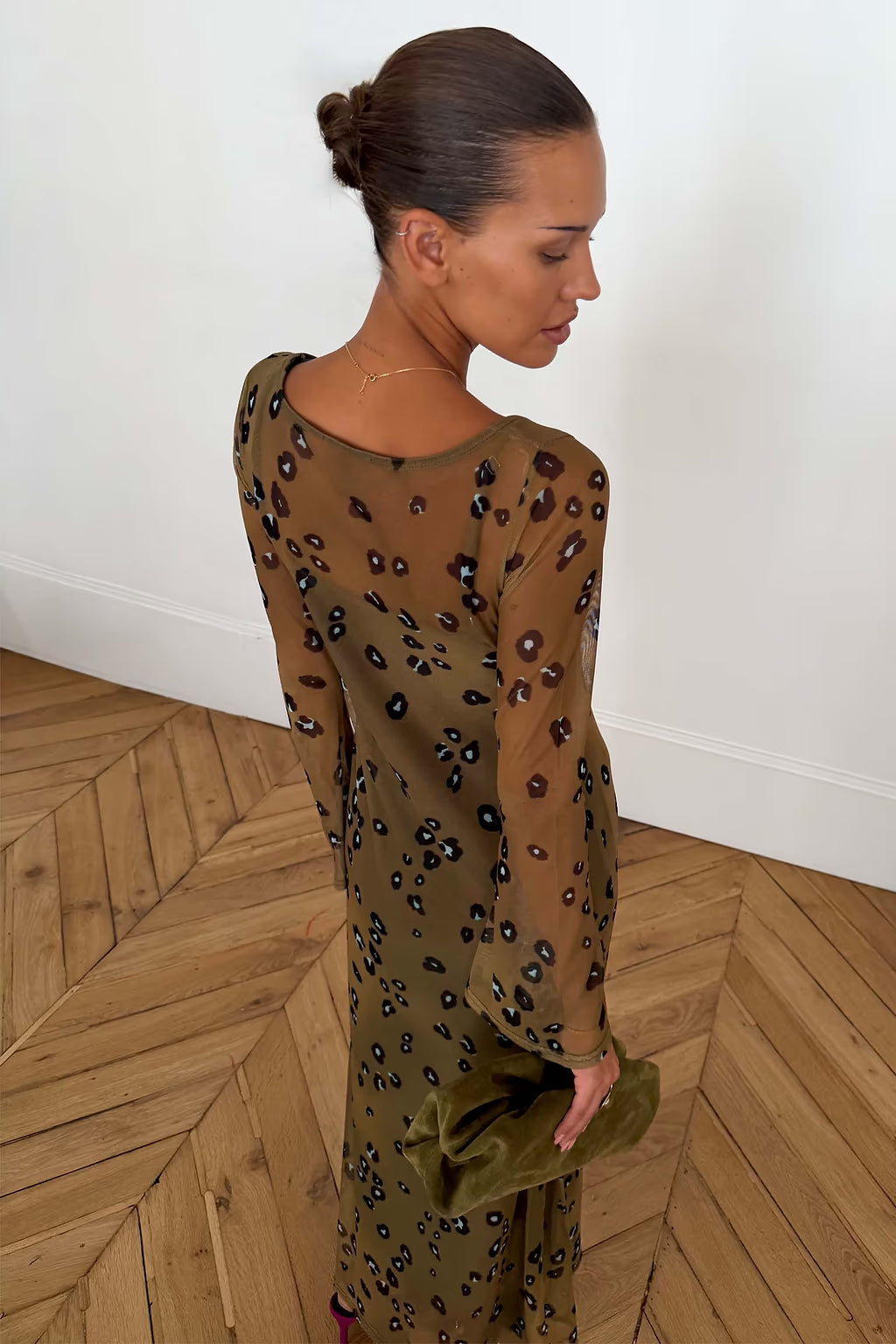 NEVER FULLY DRESSED Olive Blurred Leopard Scoop Neck Mesh Dress