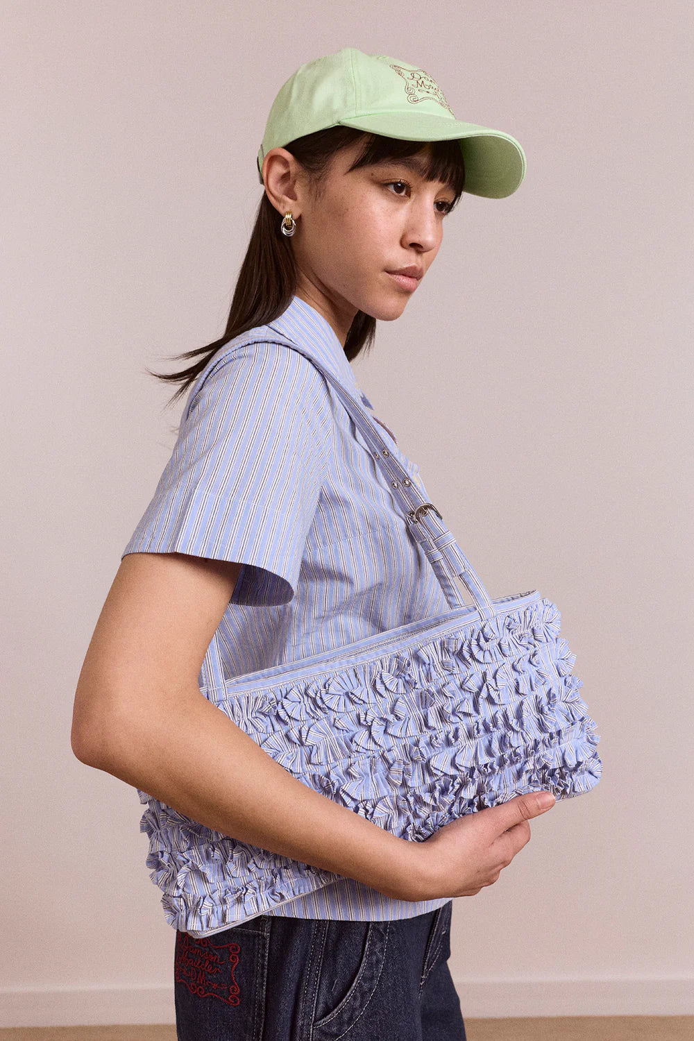 Damson Madder Sophia Ruffle Baguette Bag - Blue Business Stripe