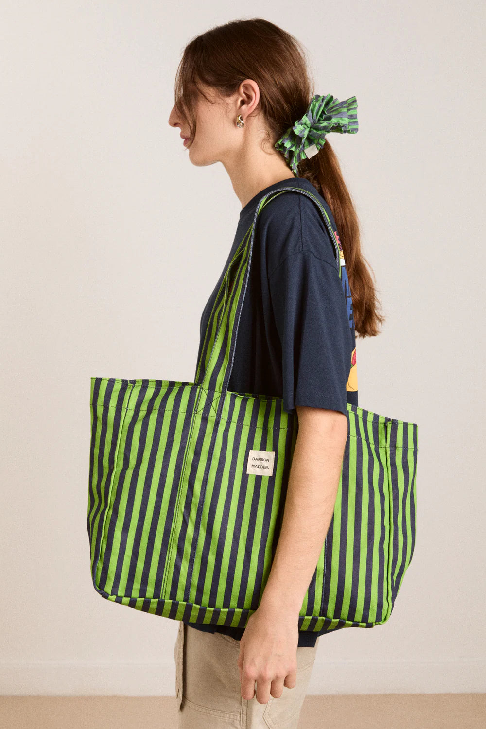 Damson Madder canvas tote navy lime stripe