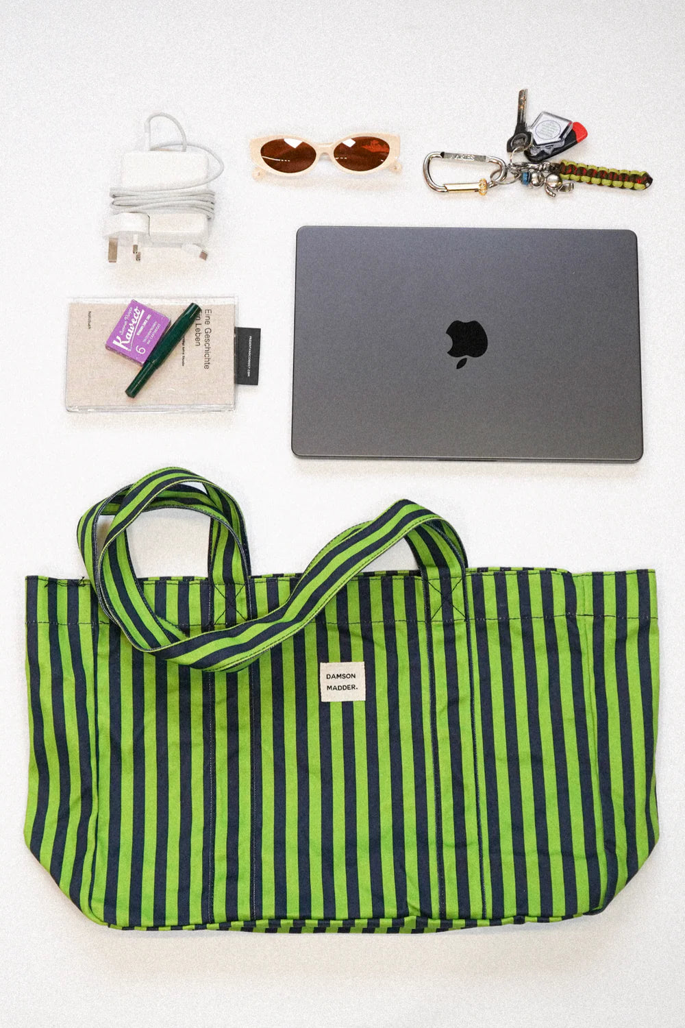 Damson Madder canvas tote navy lime stripe